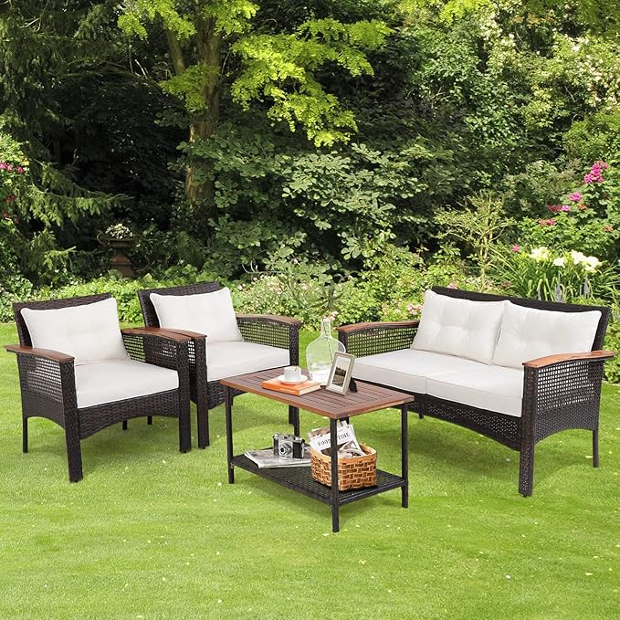 Tangkula 4-Piece Patio Furniture Set, Patiojoy Acacia Wood Outdoor PE Wicker Conversation Set with Cushions, PE Rattan Sectional Sofa Set for Lawn, Porch, Poolside, Backyard (Off White)