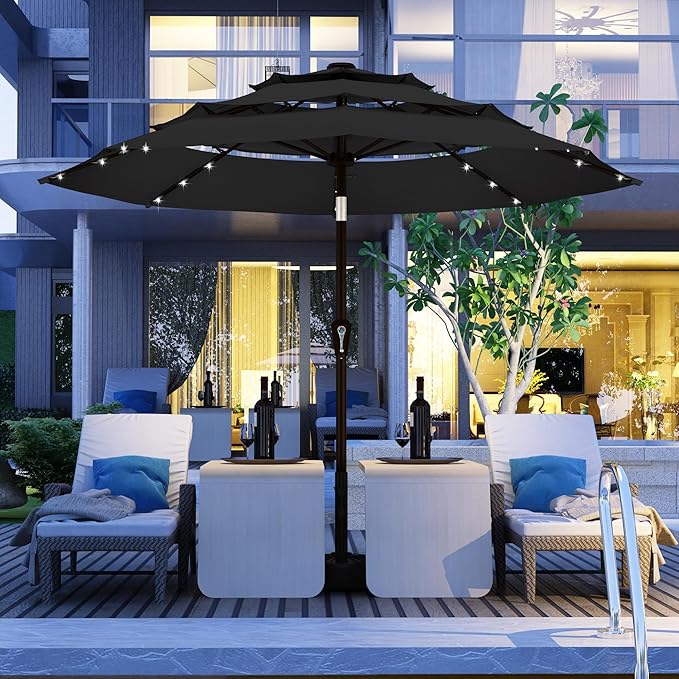 Kingdura 9ft 3-Tier Patio Umbrella with Solar Lights, Table Umbrella Outdoor Patio with Easy Crank & Tilt, 8 Sturdy Ribs, UV Protection, 32 LED Lights for Deck, Poolside, Market (Black)