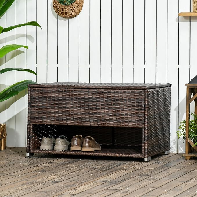 Outdoor Deck Box Shoe Storage, PE Rattan Wicker Towel Rack with Liner for Indoor, Outdoor, Patio Furniture Cushions, Pool, Toys, Garden Tools, Brown