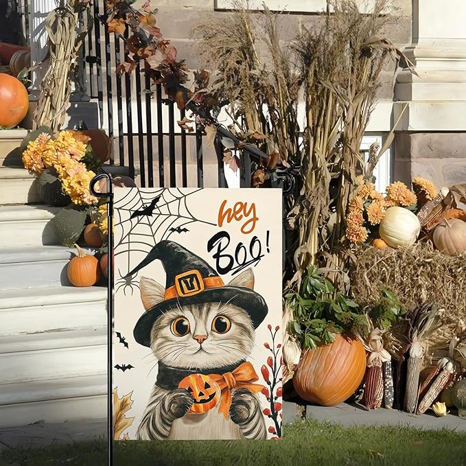 Halloween Cat Garden Flag 12X18 IN Double Sided Hey Boo Garden Flags for Halloween Fall Harvest Farmhouse Yard Outside Decoration