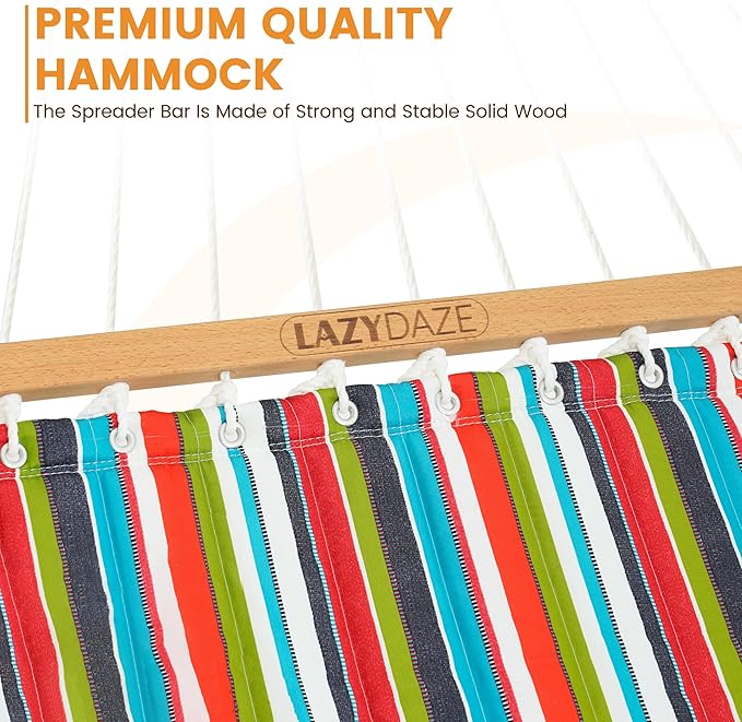 Lazy Daze Hammocks 12 FT Quilted Fabric Double Hammock with Spreader Bars and Detachable Pillow, 450lbs Weight Capacity, Bright Stripe