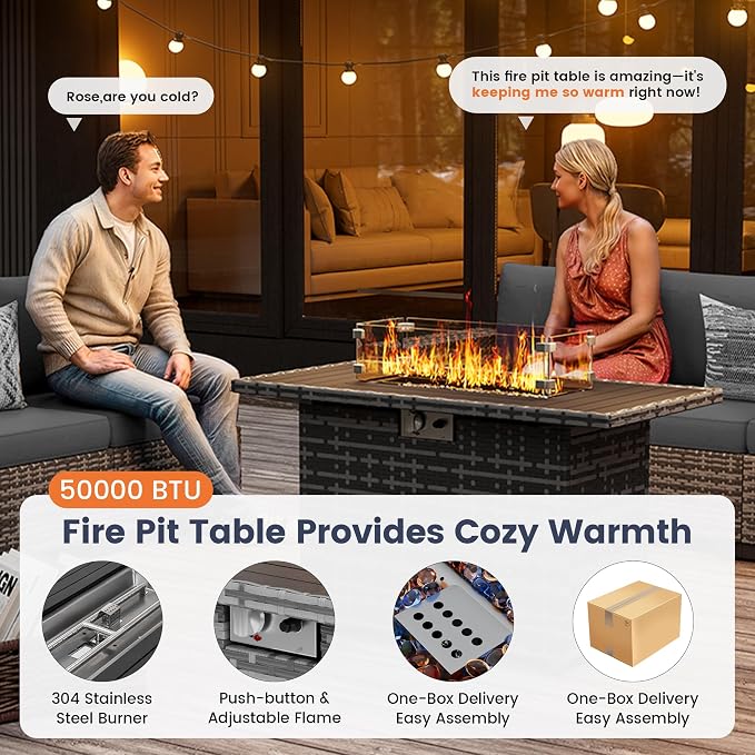 UDPATIO Patio Sectional Sofa with Fire Pit Table, 8 Inch Armrest 7-Piece Wicker Conversation with Waterproof Cover for Backyard Deck, Grey/Dark Grey