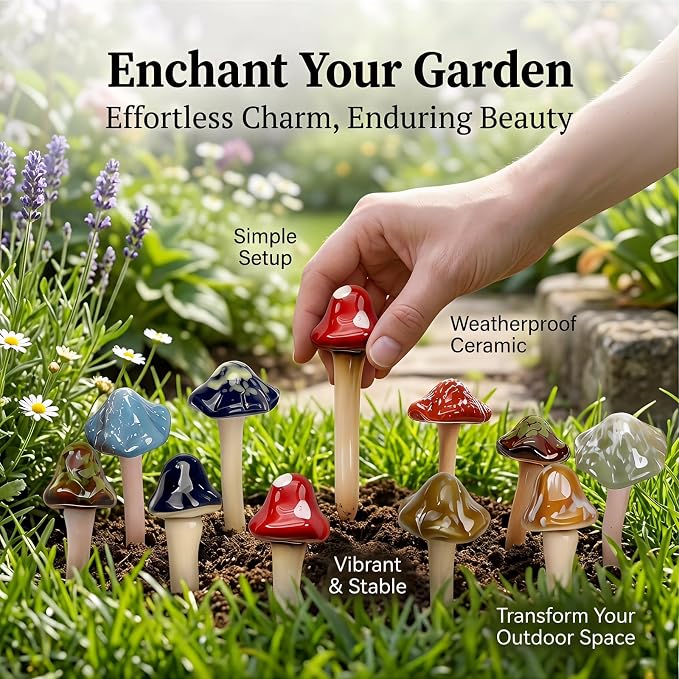 10 Pack Ceramic Mushroom Garden Decor, Outdoor Fairy Garden Ornament | 4.7" Tall Pottery Mushroom Statues, Colorful Outside Decorations for Yard, Lawn, Patio, Indoor Plant Flower Pots