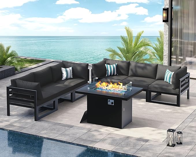 NICESOUL Aluminum Patio Furniture Set with Fire Pit Table Propane/Gas, 6 Seat Large Modular Outdoor Sectional Couch, 29" Deep Seating, Modern L Shaped Conversation Sofa for Backyard Deck, Dark Grey