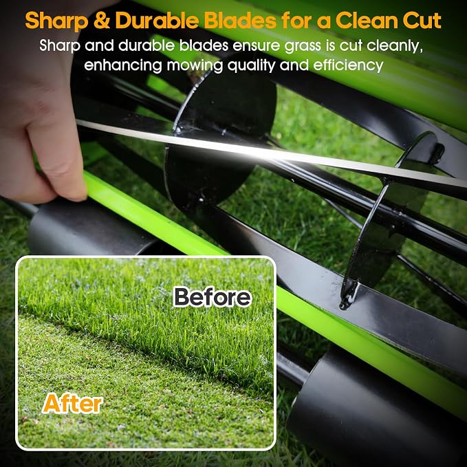 14-Inch 4-Blade Push Reel Lawn Mower, Manual Reel Push Mower, Walk-Behind Lawn Mowers, 5-Position Cutting Height Adjustment for Garden, Yard and Field, Suitable for 1-3 Inches of Grass