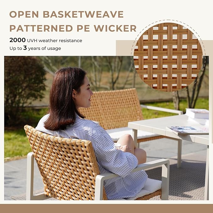 Grand patio 4-Piece Outdoor Furniture Set, Wicker Small Patio Set with Beige Seat Cushions, Outdoor Conversation Furniture with Coffee Table for Poolside, Backyard, Balcony, Porch