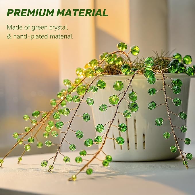 6 Pcs Crystal Beaded Suncatchers Artificial Green Plants Hanging Wind Chime | Beaded Glass Plant Suncatcher with Chain for Window Indoor Outdoor Potted Plants Decorations Plant Lover Gift