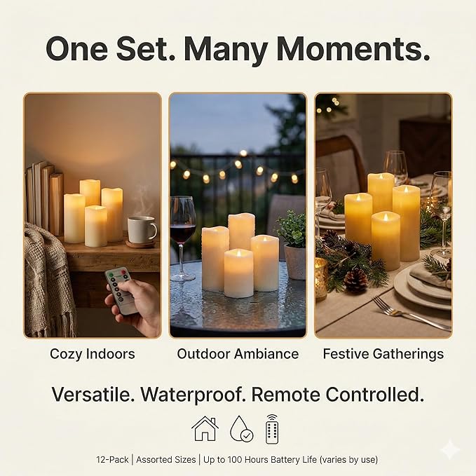 Enido 24 Pc Flameless LED Candles with Remote & Timer, Outdoor Waterproof, Flickering Electric Warm Lights for Cozy Home & Holiday Romantic Decor, Battery Operated (D 2.2” x H 4”/5”/6”)