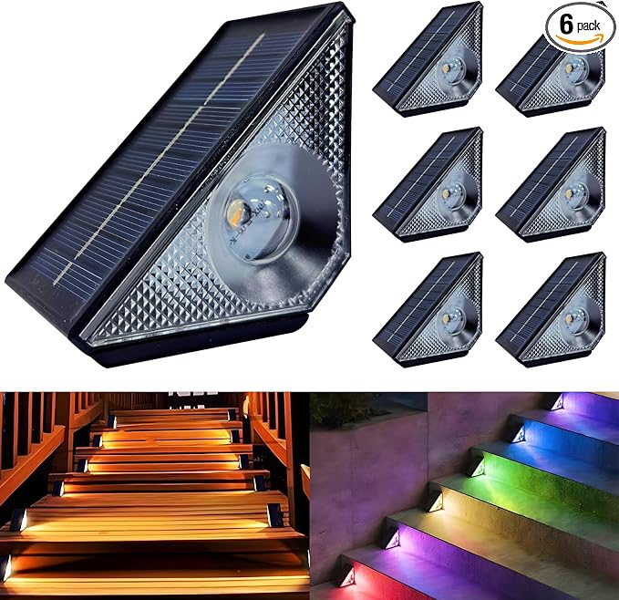 Solar Step Deck Lights Outdoor 6 Pack Solar Step Light, Waterproof Warm White/7 RGB Color Glow Solar Fence Lights for Patio Stairs Post Pathway Porch Driveway Garden Decor, BZ01