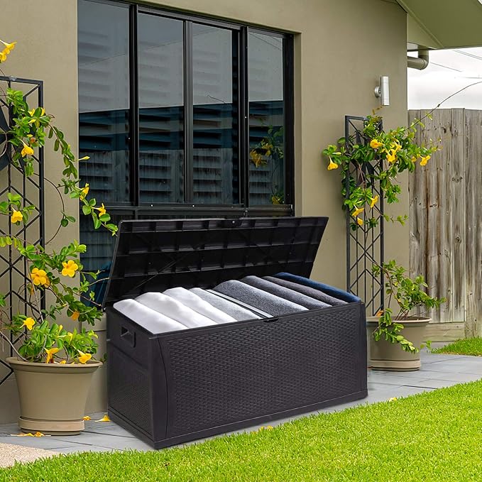 120 Gallon Large Deck Box, Outdoor Storage Box Waterproof Resin Indoor/Outdoor Storage Container and Seat for Patio Cushions (Black)…