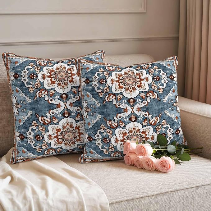 Blue Bohemian Waterproof Outdoor Pillow Covers Set of 2 Home Decor, Retro Pattern Oriental Farmhouse Ethnic Pillowcase Patio Pillow Covers for Couch Bench Furniture Garden 18x18in