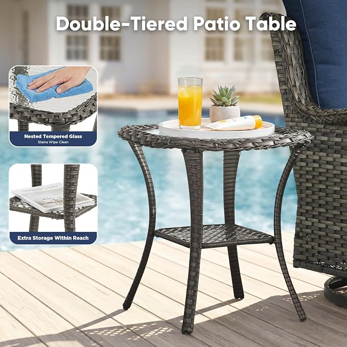 Belord Patio Wicker Chairs Swivel Rocker,Outdoor Patio Furniture Set with Rattan Side Table, All Weather Conversation Set for Porch Poolside Balcony, Gray Wicker/Blue