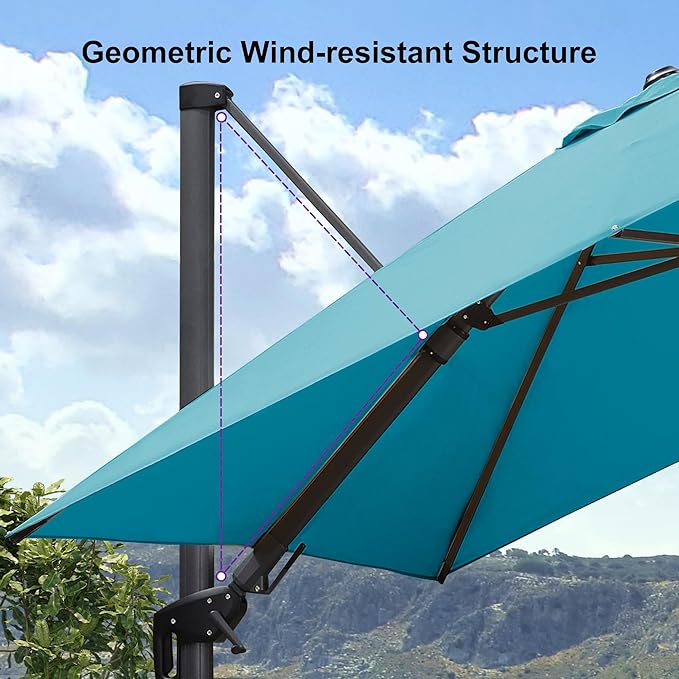 PURPLE LEAF 8' X 8' Tilting Patio Umbrella with Base Outdoor Cantilever Swivel Square Umbrella with Tilt Aluminum Offset Umbrella with 360-degree Rotation for Garden Deck Pool Patio Turquoise Blue