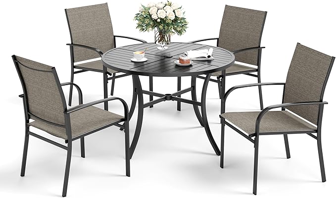 SUNSHINE VALLEY 5 Piece Patio Dining Set for 4, 42" x 42" Round Metal Table with Umbrella Hole and 4 Brown Chairs, Outdoor Table and Chairs Set for Lawn Backyard and Deck