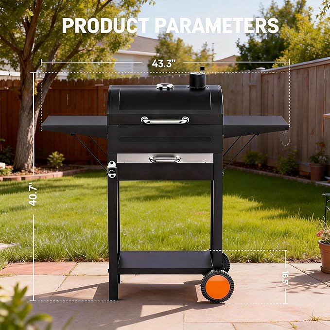 Charcoal Grills with Two Side Tables, 20-In Outdoor Smoker Barrel BBQ Grill with 334 Sq. In Cooking Area for Camping, Patio,Backyard Party, Picnic, Black