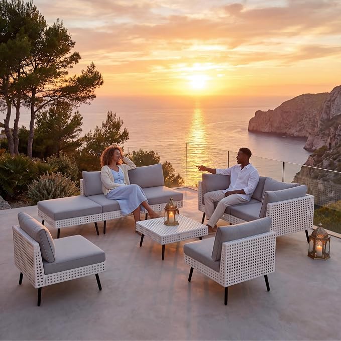 ENSTVER Modern High-End 8-Piece Wicker Patio Furniture Sets，Outdoor Patio Sectional with Thicken Cationic Fabric Cushions & Non-Slip Pad, Convertible Conversation Sets for Garden, Poolside, Backyard