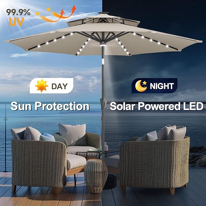 FLAME&SHADE 2 Tiers 9ft Solar Light Patio Umbrella, 40 LED lights outdoor umbrella with Centre Surround Light, Table Market Umbrella for Deck, Pool, Porch, Backyard, Garden (Taupe)
