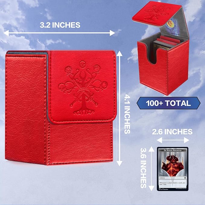 PROMAXIBINDER MTG Card Deck Box, Commander Deck Box Fits 100+ Single Sleeved Cards, Storage for TCG/MTG Crads, PU Leather Strong Magenet (Red, Tree)