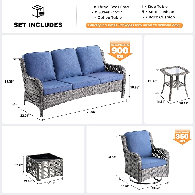 ovios 5-Piece Patio Furniture Set with Swivel Chairs Coffee Table, Outdoor Wicker Sofa with Comfy Cushions, High Back Couch Modern Conversation Sets, Grey/Denim Blue