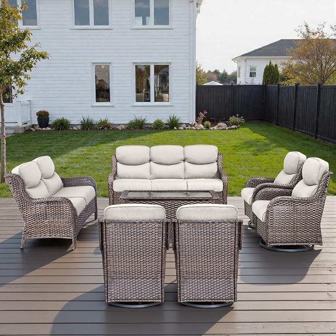Outdoor Swivel Rocker Patio Chairs Set of 7 with 5" Thick Cushions ,7 Piece Furniture Set with Fire Pit Table All Weather Wicker Conversation Set for Porch Deck - Brown Wicker | Beige Cushions