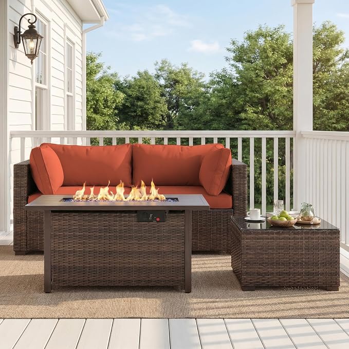 4 Pieces Patio Furniture Set with Fire Pit and Glass Table, Outdoor PE Rattan Sectional Sofa with Soft Cushions for Backyard, Porch, and Poolside (Red, 4 PCS w/Table/Firepit)