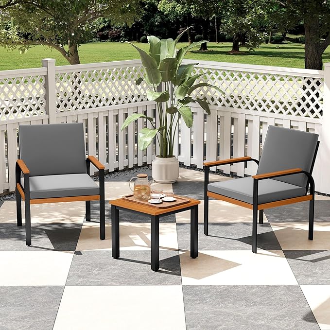 Tangkula 3 Pieces Patio Furniture Set, Outdoor Cushioned Conversation Chairs Set with Acacia Wood Side Table, for Porch, Balcony and Garden