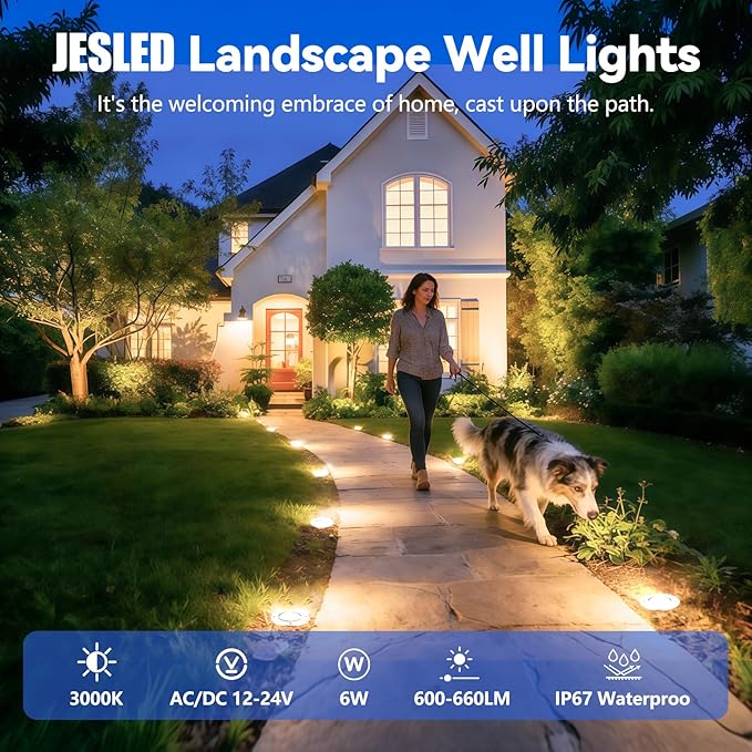 JESLED Low Voltage Landscape Lights, 6W LED Well Lights IP67 Waterproof, 3000K Warm White In-Ground Lights with Wire Connectors for Pathway, Deck, Patio, Yard, Garden (4 Pack)
