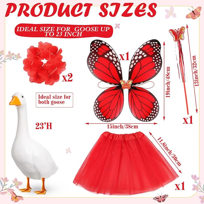 5pcs Butterfly Porch Goose Outfit Costume Tutu Skirt Butterfly Wing Wand Flower Crown for 17‘' 23‘' Cement Goose