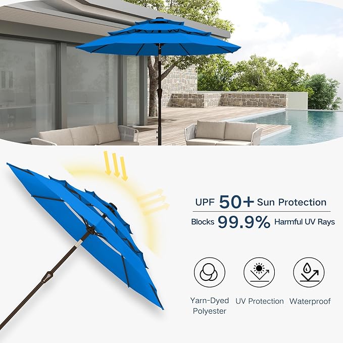 10FT Patio Umbrella 3 Tiers Outdoor Market Umbrella w/Push Button Tilt, Crank, UV and Waterproof Table Umbrella for Garden, Pool, Backyard, Deck, Lawn, Royal Blue
