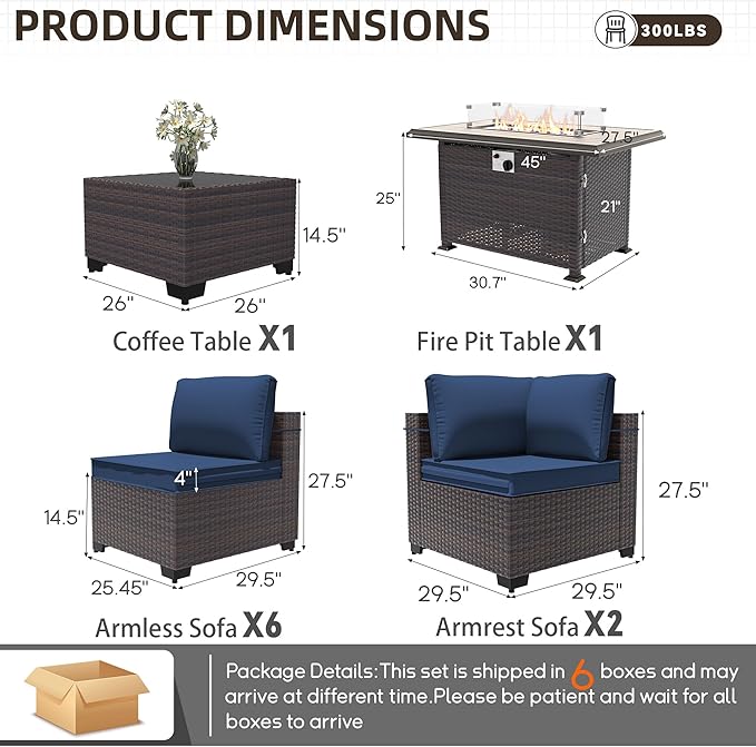 Patio Furniture Set with Fire Pit Table 10 Pieces Outdoor Sectional Sofa Set,PE Rattan Wicker Patio Conversation Set w/43in 55000 BTU Propane Fire Pit Table,NavyBlue