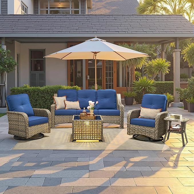 Outdoor Patio Furniture Set, 5-Piece PE Wicker Sofa with Shiny Table and Swivel Chairs, Outdoor Conversation Set for Patio, Garden, Backyard Blue