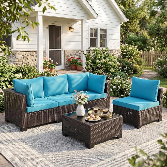 ANJ 5 Piece Outdoor Wicker Patio Furniture Set, Modular Loveseat Sofa with with Glass Top Coffee Table, All-Weather Rattan Conversation Couch Set for Balcony, Backyard, Dark Brown Wicker-Turquoise