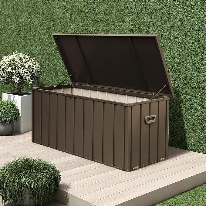 ChicFurnit Outdoor Storage Box, 100 Gallon Deck Box with Lockable Metal Lid & Portable Side Handles, Outdoor Storage Bin with Stable Support Rod, Soft Close Mechanism & Mobility Rollers, Dark Brown