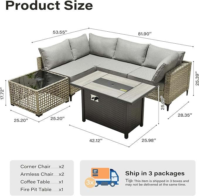 6 Pieces Patio Furniture Set with 42" Fire Pit, All-Weather Rattan Outdoor Sectional Conversation Sets L Shaped Sofas with Solar Light Coffee Table for Porch Balcony Backyard Dark Grey