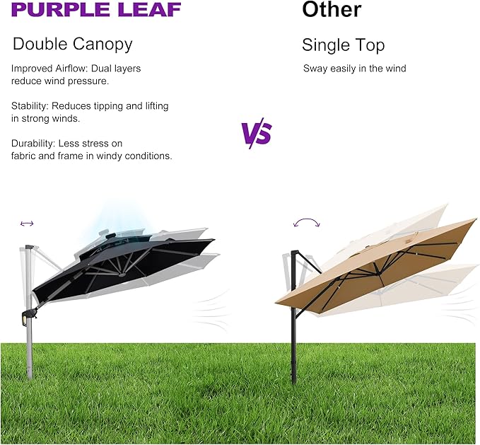 PURPLE LEAF 12ft Solar powered LED Patio Umbrella Outdoor Round Umbrella Large Cantilever Umbrellas with LED lights Windproof Offset Umbrellas Heavy Duty Sun Umbrella for Garden Deck Pool Patio, Black