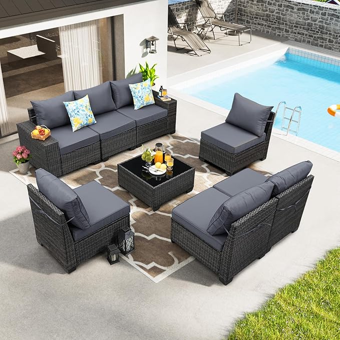 8 Pieces Patio Furniture Set, Wicker PE Rattan Outdoor Sectional with Cushion & Coffee Table, Patio Conversation Sofa for Garden, Backyard, Poolside, Grey