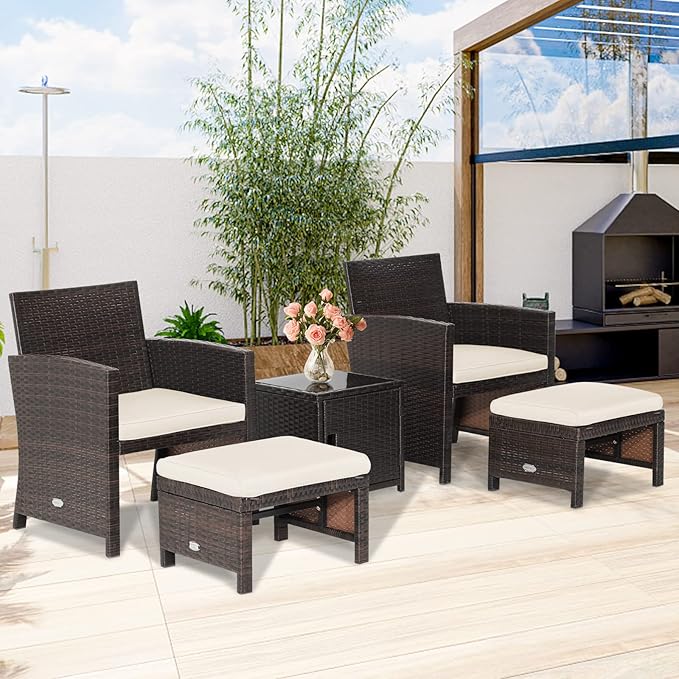 Tangkula 5 Pieces Wicker Patio Furniture Set with Waterproof Cover,Patiojoy Outdoor Cushioned Chairs and Ottoman Set with Single-Door Storage Coffee Table,Space-Saving