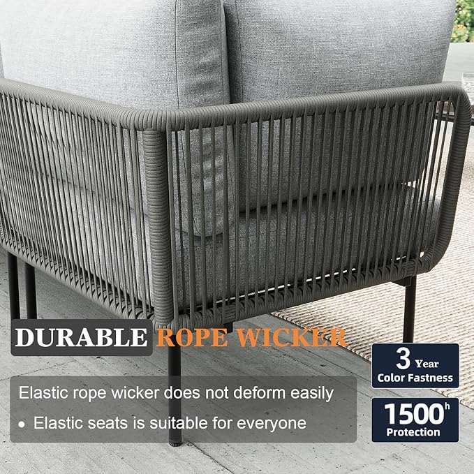 11 Piece Modern Outdoor Rope Wicker Sectional Patio L-Shaped Conversation Sofa Set Deep Seating with Thick Cushions