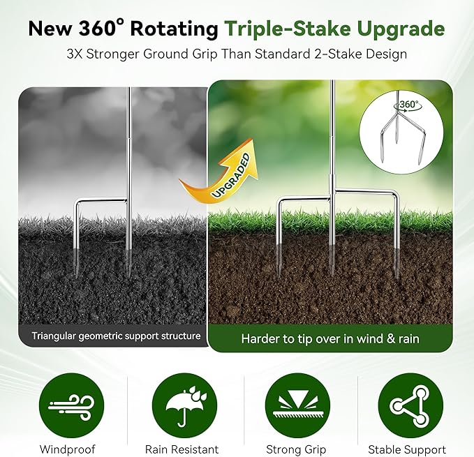 1Pack Plant Umbrellas for Outdoor Plants, Upgraded 360° Rotating 3-Prong Ground Stake for Stronger Grip, Stable Garden Shade Umbrella for Flowers, Vegetables, Fruit Trees, Raised Beds & Planters Yellow