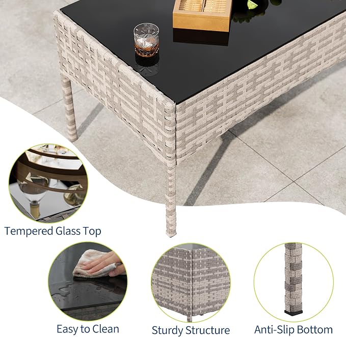 PeakPursuit Patio Furniture Sets 4 Pieces All-Weather Outdoor Furniture PE Rattan Wicker Chairs with Soft Cushion and Glass Coffee Table for Yard Backyard Lawn Porch Poolside Balcony,Grey