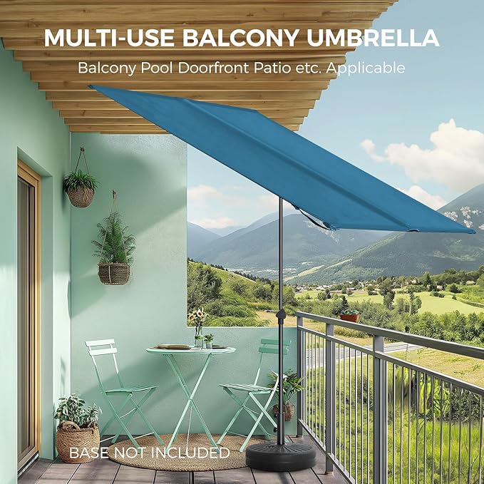 HOMSHADE 6x4ft Outdoor Balcony Umbrella - Flat Porch Pool Patio Umbrella Rectangular Canopy Shade UPF50+ UV Protection 360° Rotating & Tilting All Angles Applicable (Peacock Blue, No Base)