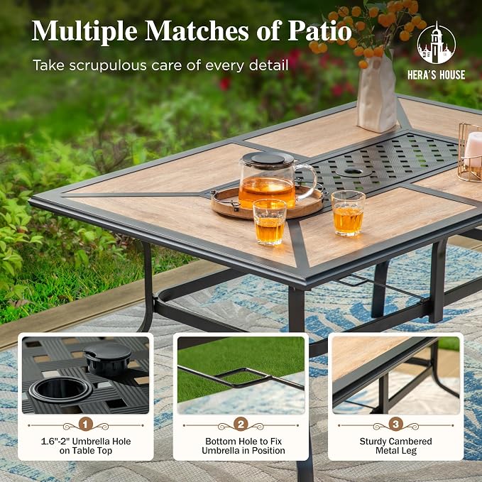 HERA'S HOUSE 7pc Patio Dining Set, Metal Table with PVC Top, Blue Chairs | 61" rectangular table with umbrella hole, 6 textilene chairs. Waterproof, rust-resistant, all-weather for yard, porch