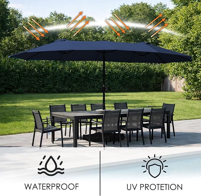 Kozyard 15 FT Rectangular Double-Sided Patio Umbrella with Solar Lights, Outdoor Patio Umbrella with Crank Lift, Base Included, UV-Resistant for Pool, Backyard & Garden NavyBlue