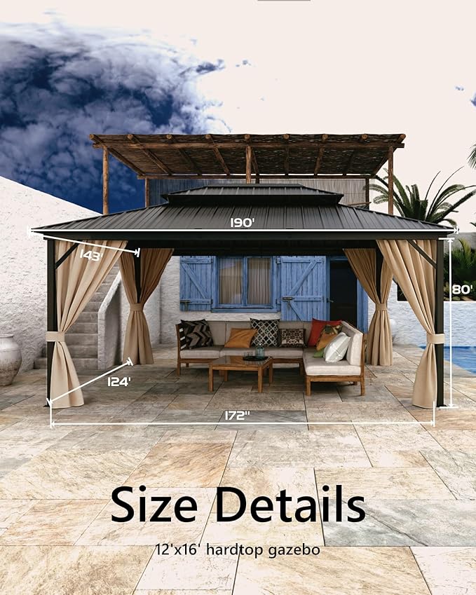 GarveeLife 12 ft x16 ft Hardtop Gazebo for All Weather, with Double Metal Roof, Aluminum Alloy Frame, Net, and Curtain, Permanent Building for Patio, Deck, Backyard, Lawn, and Garden, Khaki