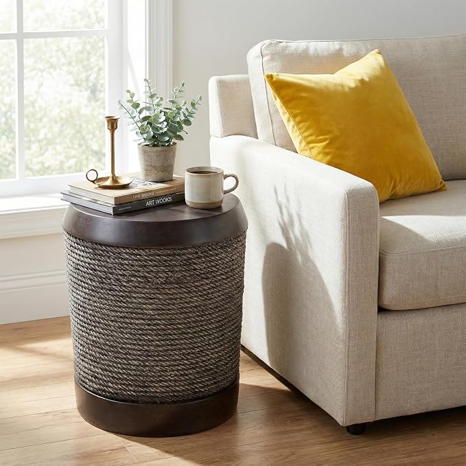 Outdoor Side Table, Small Round Pedestal End Table with Rope Texture & Vintage Trim, Farmhouse Boho Accent Table for Indoor Outdoor Living Room Bedroom Patio, No Assembly, 15.7" D x 18.1" H