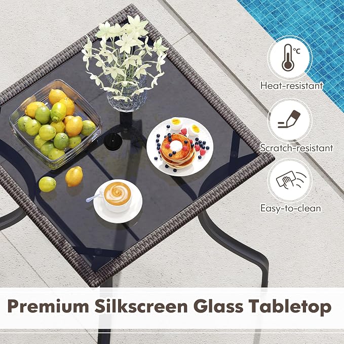 Tangkula Bistro Bar Table, 28.5" Square Bar Height Bistro Table w/ 2" Umbrella Hole, Silkscreen Glass Tabletop & Rattan Edge, Heavy-Duty Metal Legs, Outdoor Patio Bar Table for Poolside, Backyard