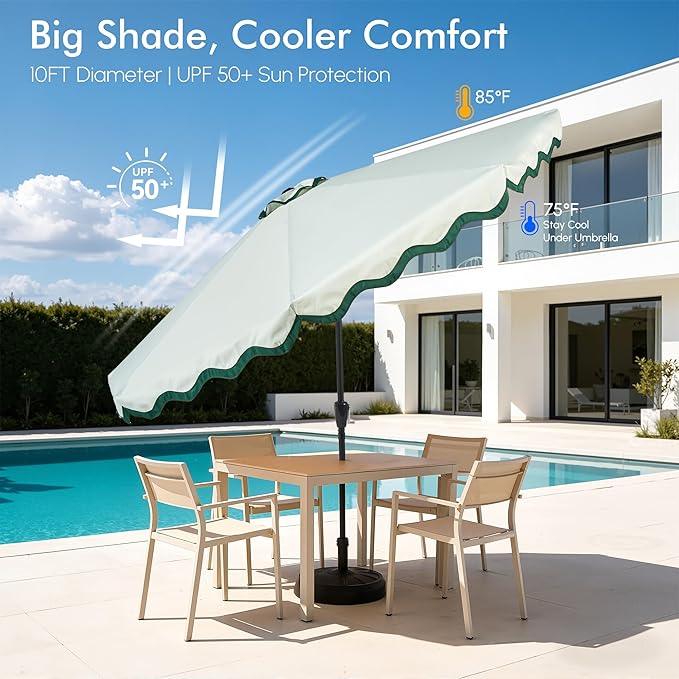 Weaxty 10FT Patio Umbrella, Trendy Color Scalloped Edge, UV-Resistant Canopy Outdoor Table Market Umbrella, Tilt Adjustment, Crank, Heavy-duty 8 Ribs for Backyard Poolside Deck Beach Lawn Backyard