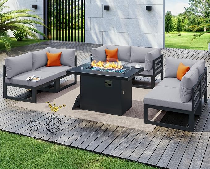 NICESOUL 7 Piece Oversized Modular Aluminum Outdoor Furniture Set with Fire Pit Table, 29" Deep Wide Sectional Seating, 500 lbs High Weight Capacity Patio Conversation Set for Garden Deck, Light Grey