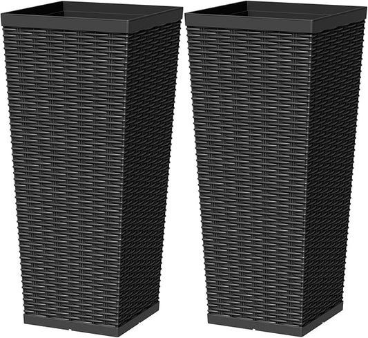 Greesum 30 Inch Tall Plastic Planters (Set of 2), Extra Large Outdoor Flower Pots with Detachable Inner Pot & Drainage Holes for Large Plants, Trees, Patio, and Garden, Black