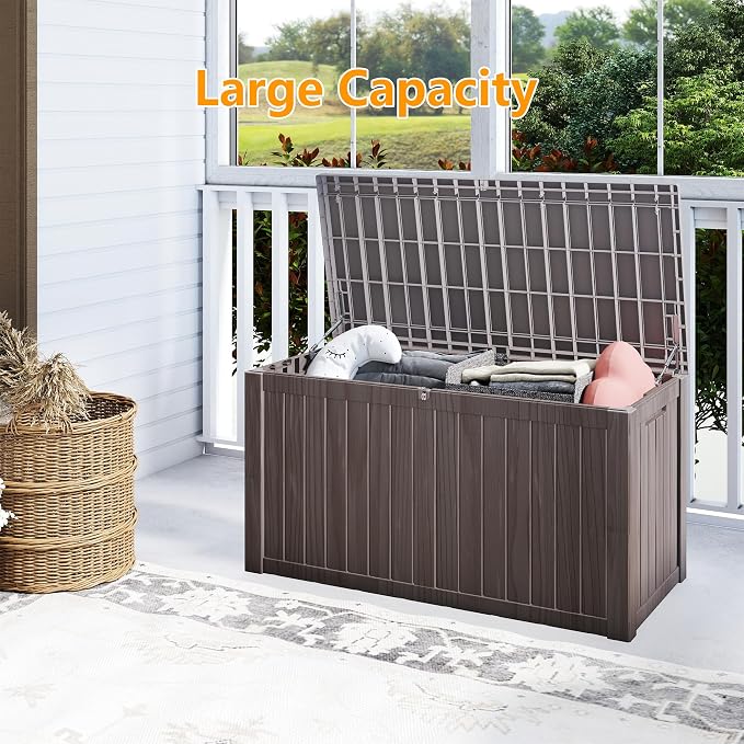 180 Gallon Deck Boxes Outdoor Waterproof, Outdoor Storage Box with Lockable Lid & UV-Resistant for Patio Furniture, Outdoor Cushions, Garden Tools and Pool Supplies, Light Brown